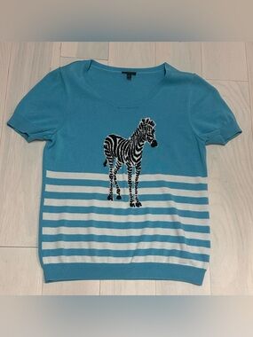 Talbots Teal Blue Short Sleeve Sweater with Zebra Motif